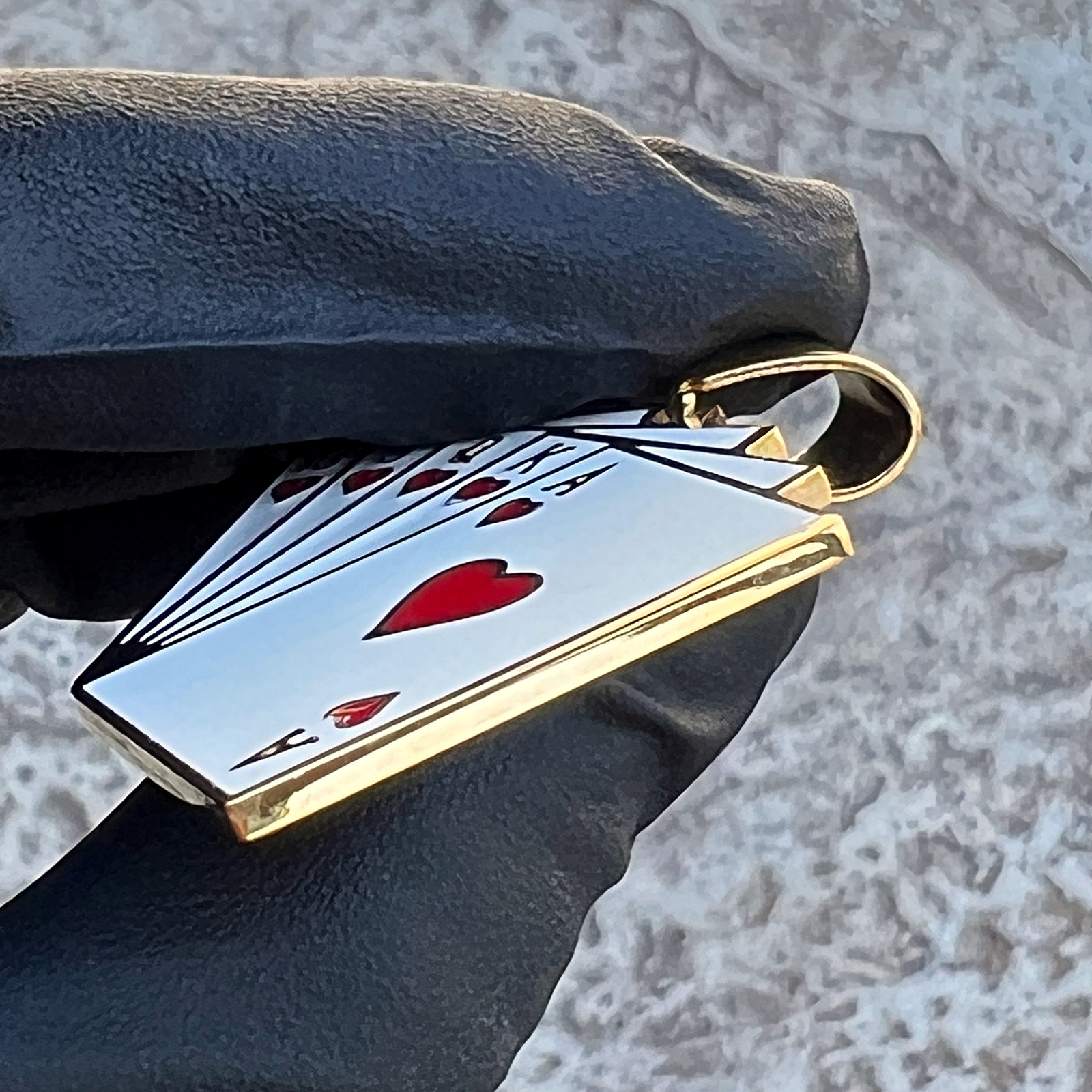 18K Gold Plated Stainless Steel Hearts Royal Flush Poker Playing Cards Pendant