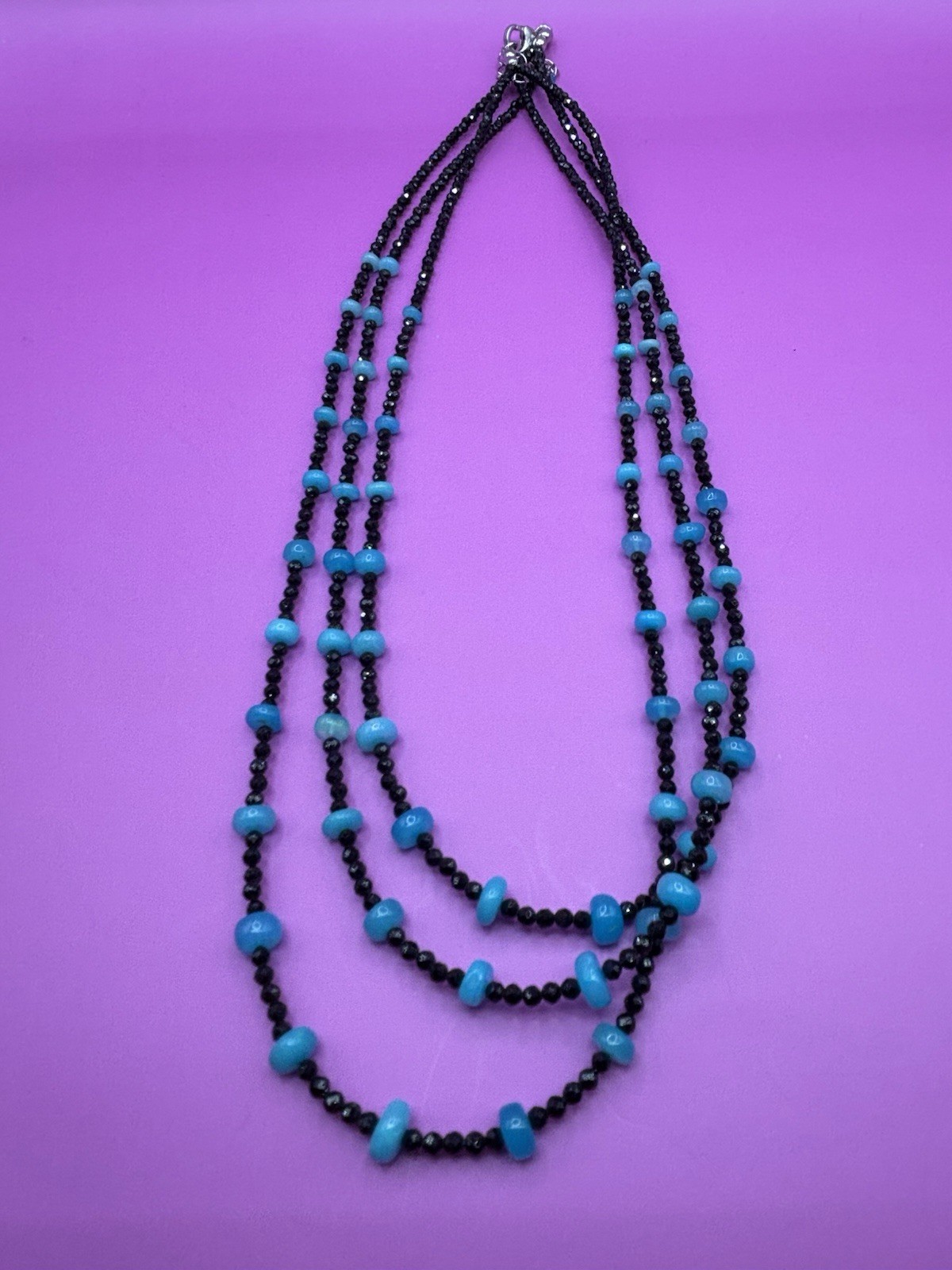 4-7MM Round Paraiba Blue Color Opal w/ 2-2.5MM Black Spinel Necklace