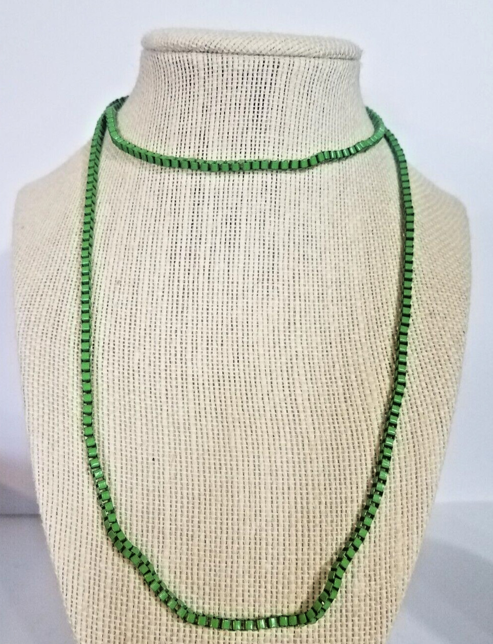 Vintage Venetian Green Stainless Steel Box Chain Necklace Costume Fashion
