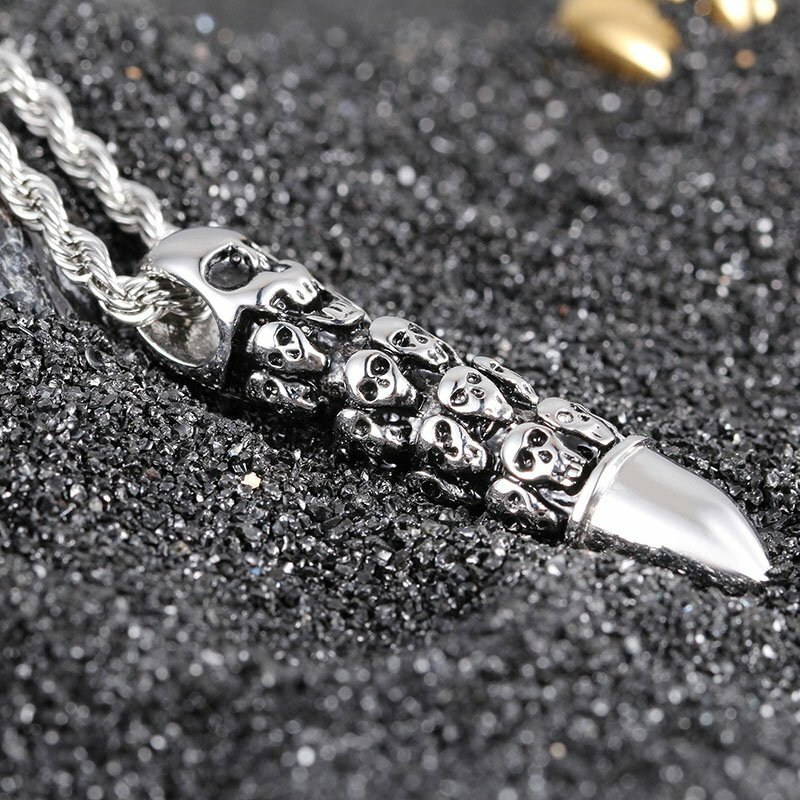 MENDEL Cool Mens Boys Stainless Steel Biker Punk Skull Bullet Pendant Necklace