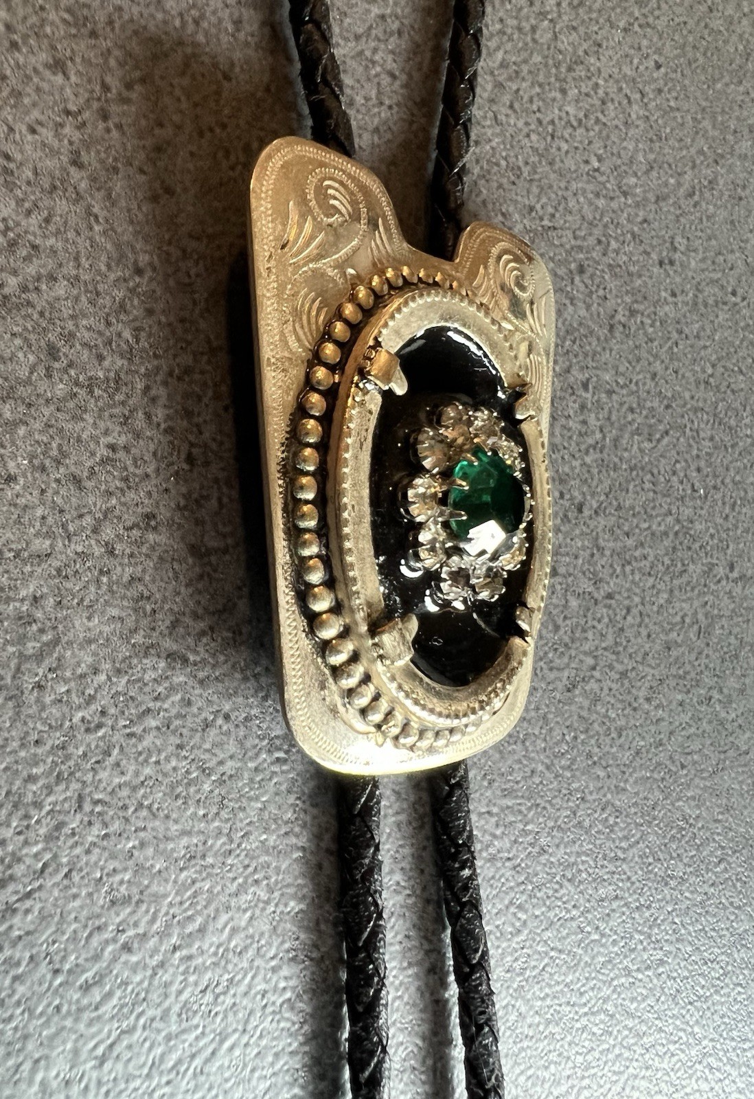 Gold Tone Western Bolo Tie w/ Green Rhinestone and Black Faux Onyx