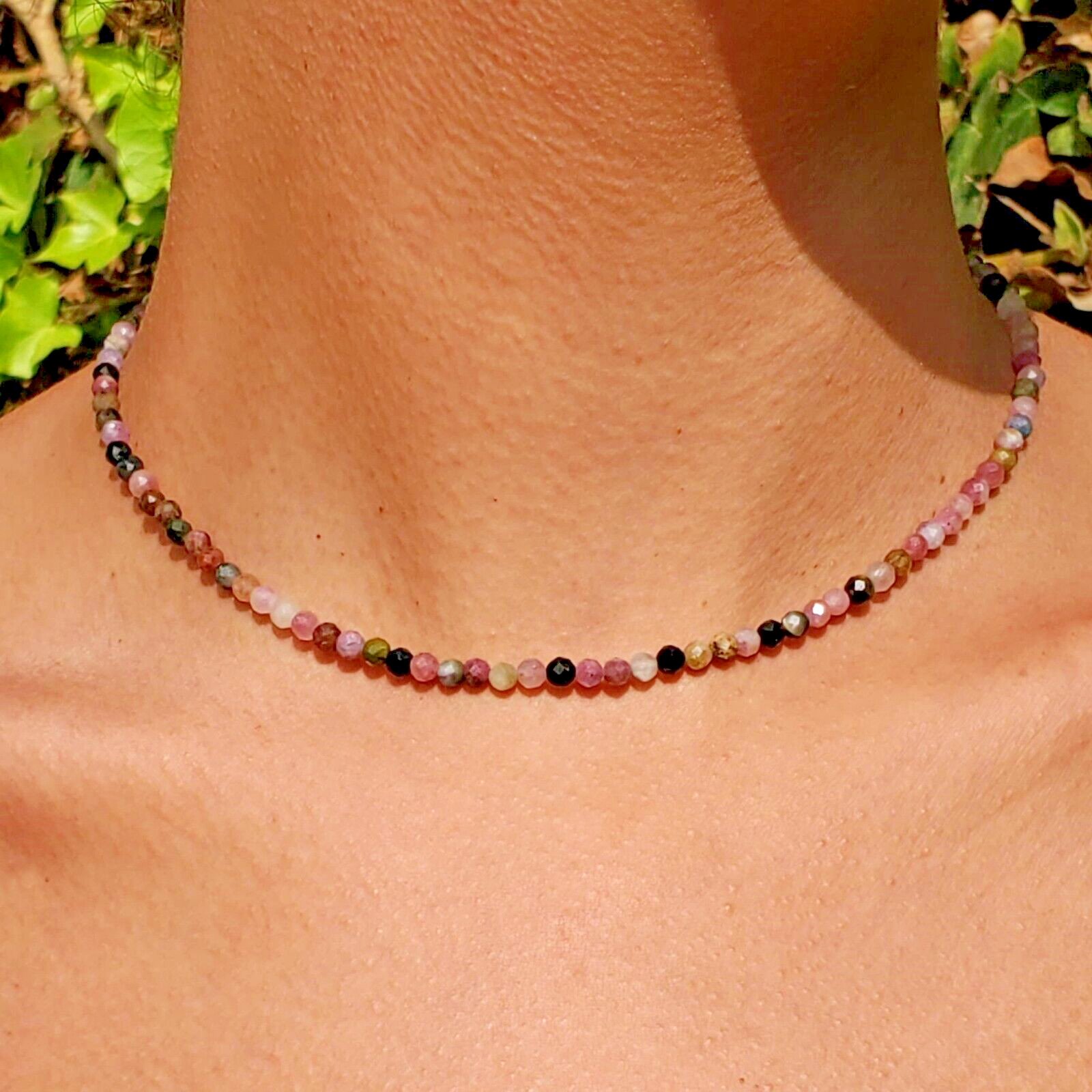 2mm Natural Rainbow Tourmaline Beaded Choker Tiny Gemstone Boho Women Necklace