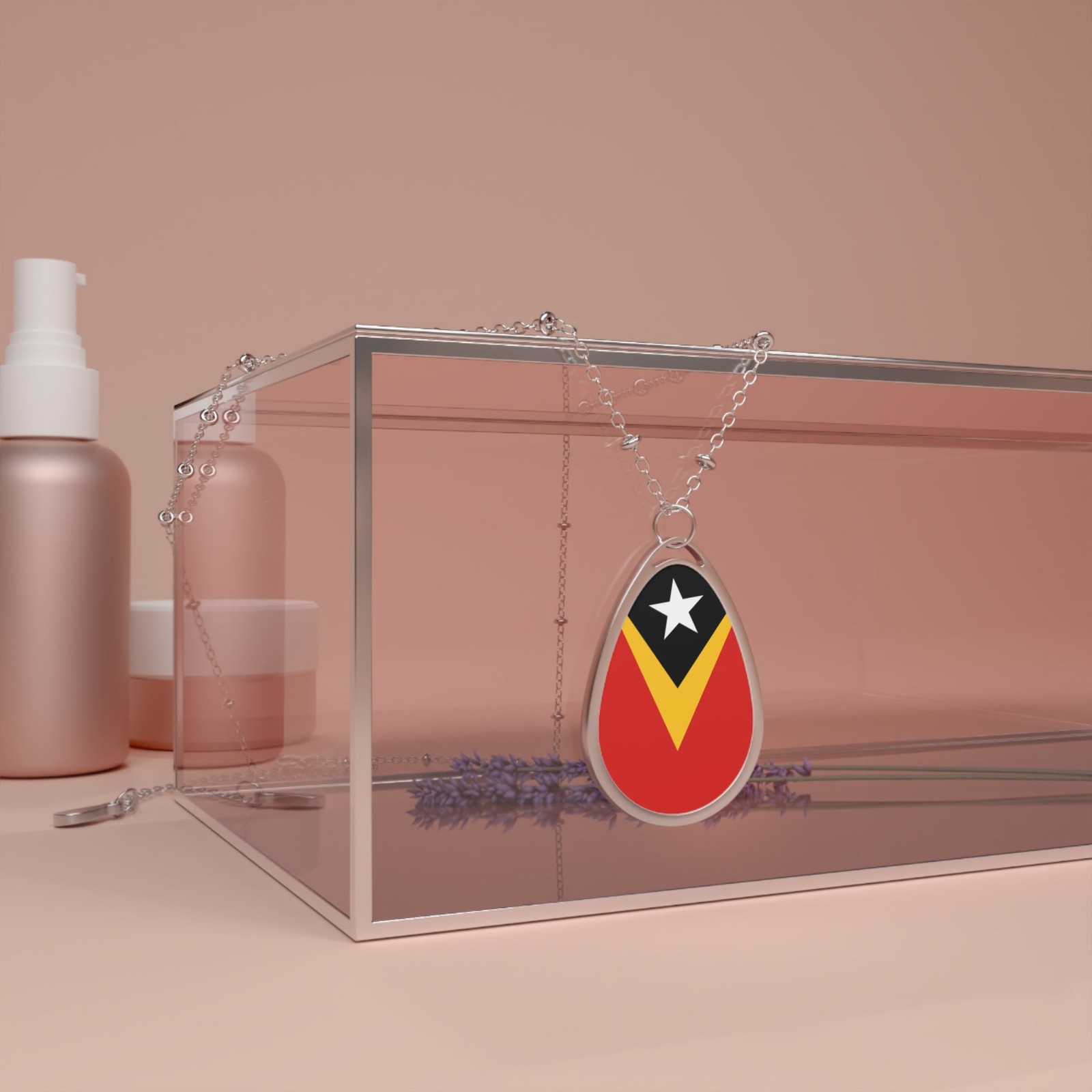 Timor-Leste Flag Oval Necklace – Heritage Pendant – One Size / Silver
