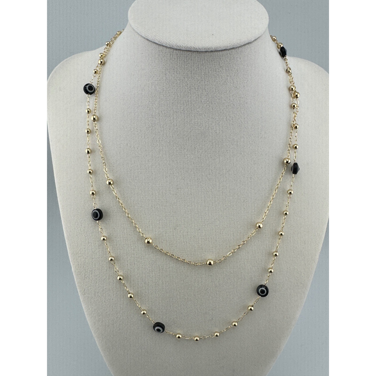 Gold Tone Double Layer Evil Eye Bead Necklace Black Accents Adjustable Clasp
