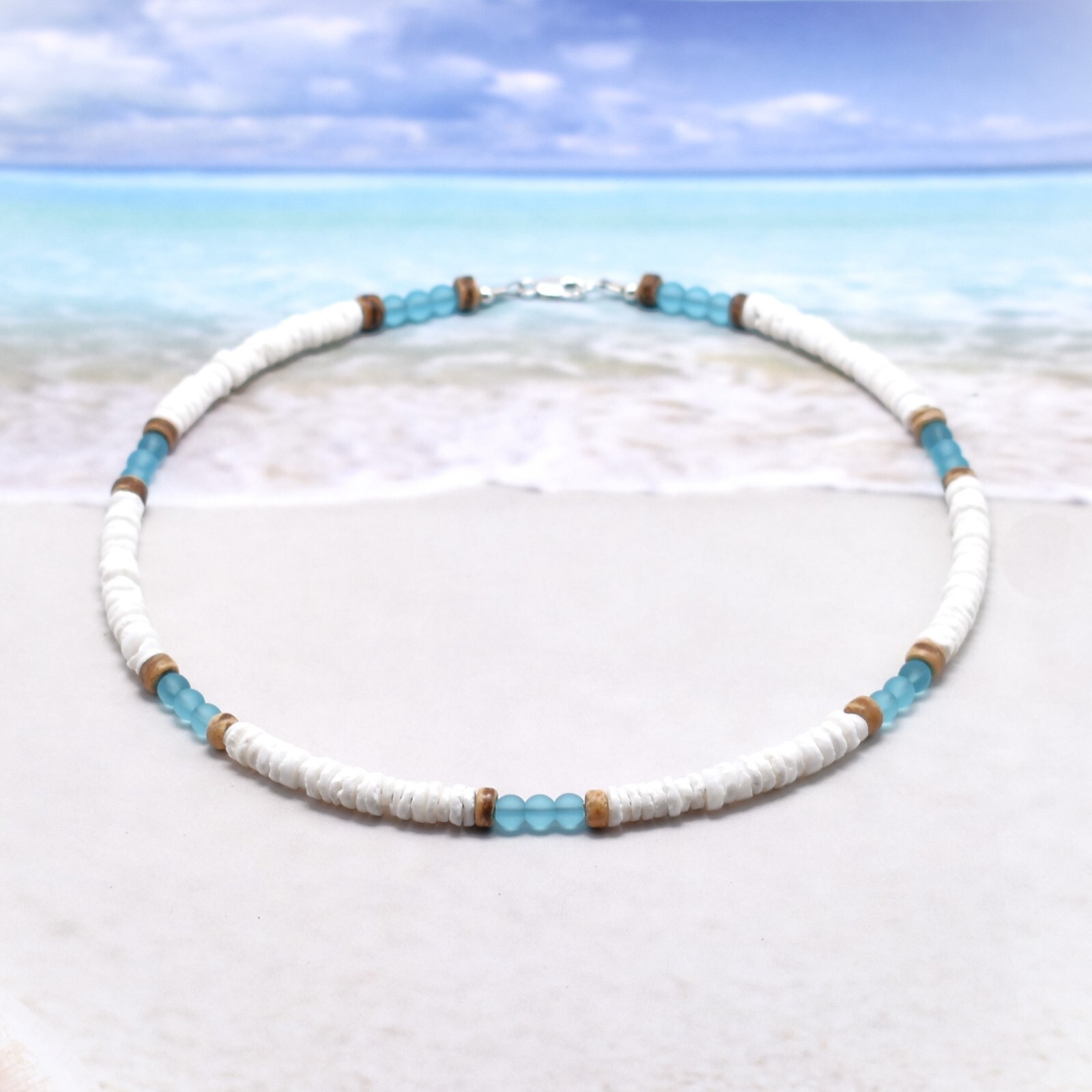 Charm Natural White Shell Blue Crystal Beads Necklace for Men Women Surf Choker
