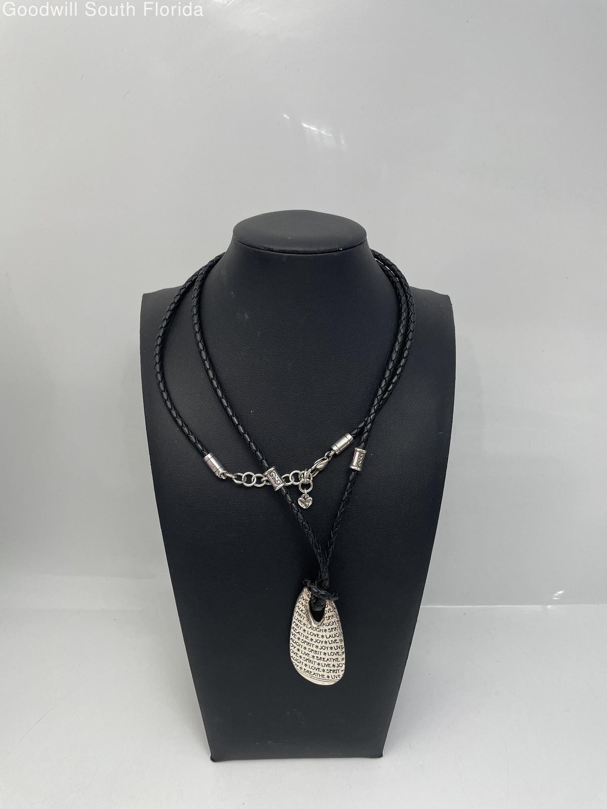 Brighton Silver Black Engraved Pendant Braided Cord Necklace Adjustable Clasp