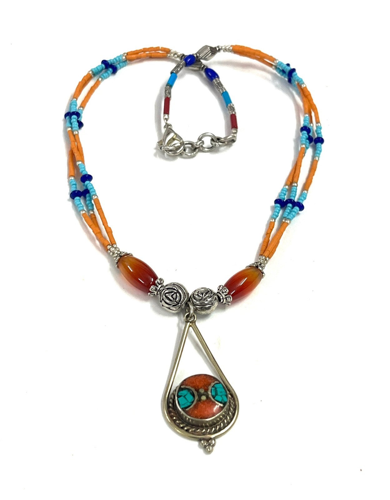 Nepalese Coral Carnelian Gemstone Tibetan Boho Necklace Jewelry, 17 inch Adjus