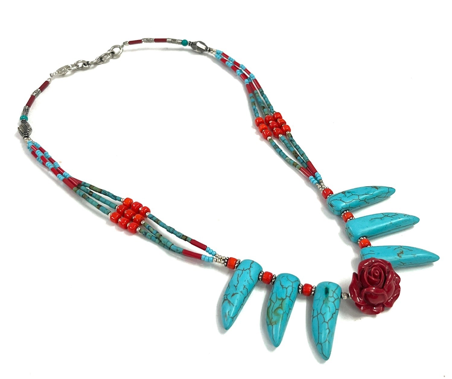 Coral Turquoise Gemstone Tibetan Tradional Necklace Jewelry, 18 inch Adju