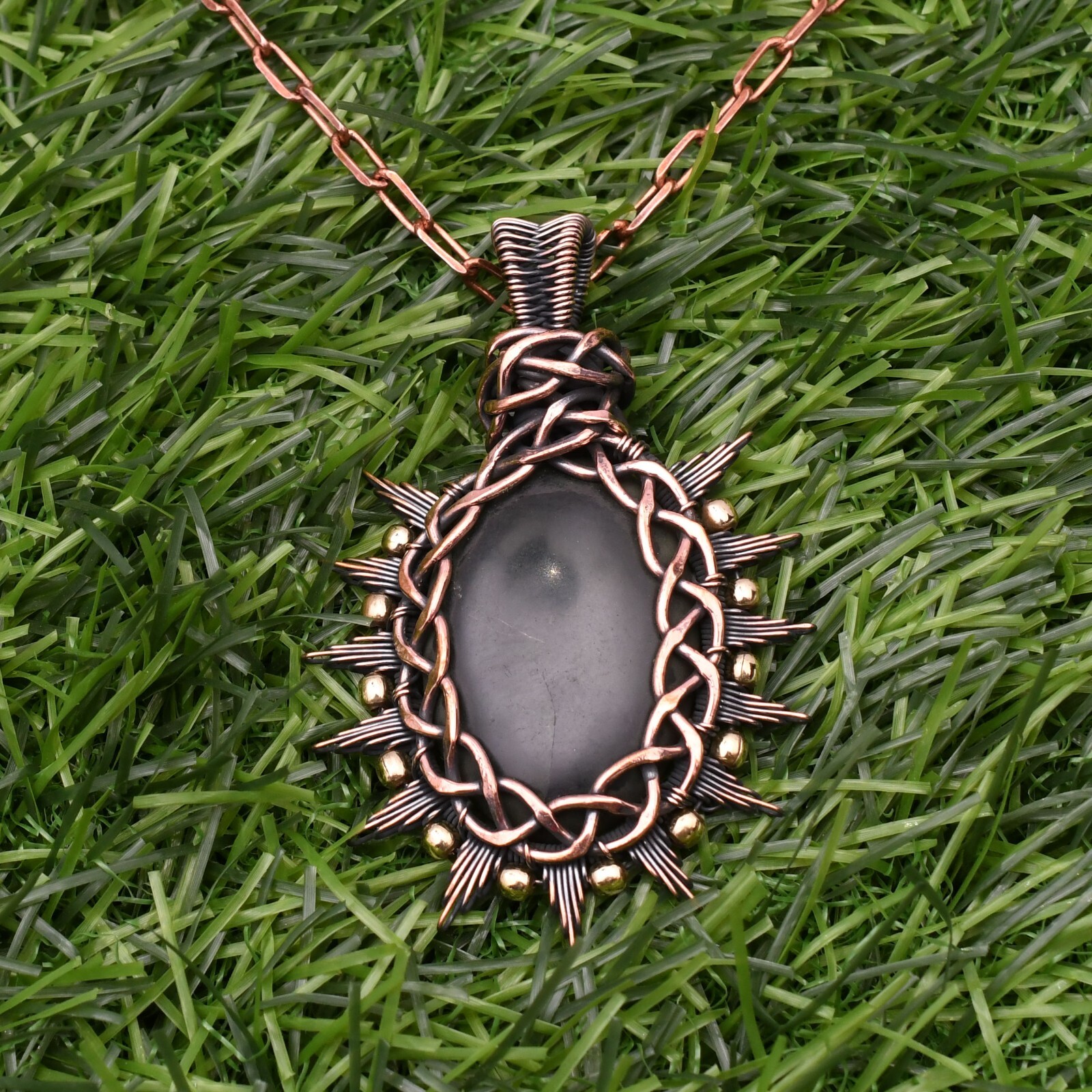 Serpentine Gemstone Copper Wire Wrap Handmade Jewelry Pendant 2.28″