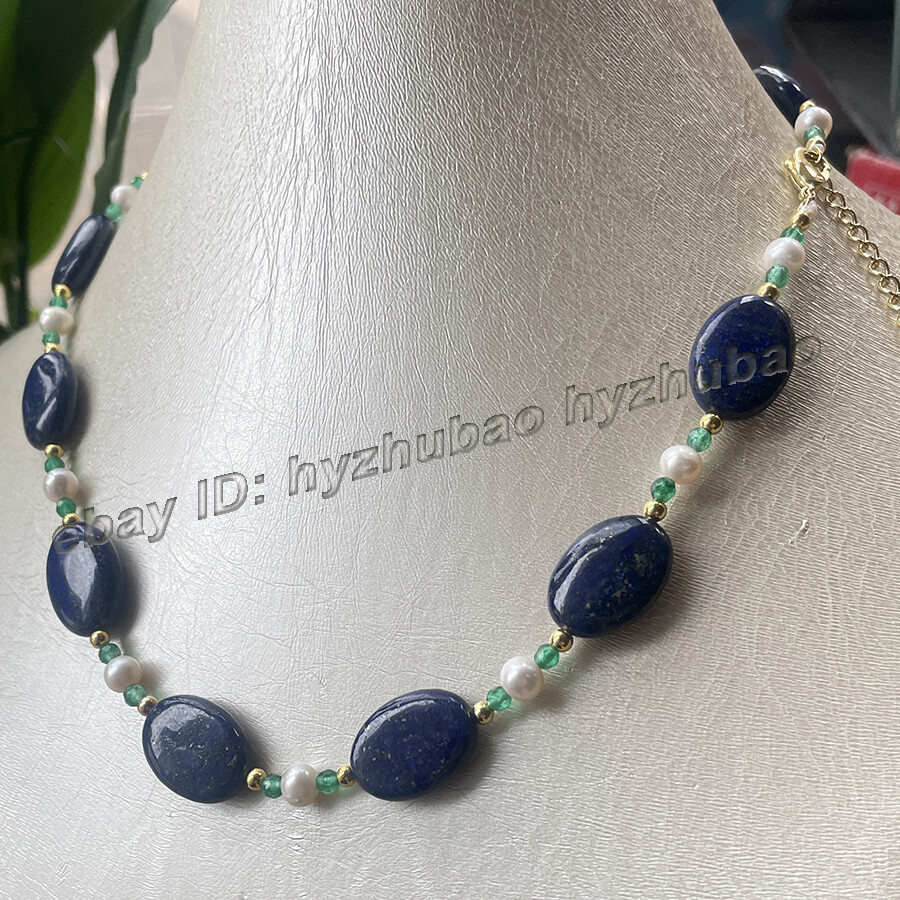 14-36″ 13x18mm Oval Blue Lapis Lazuli &White Pearl &Green Emerald Beads Necklace
