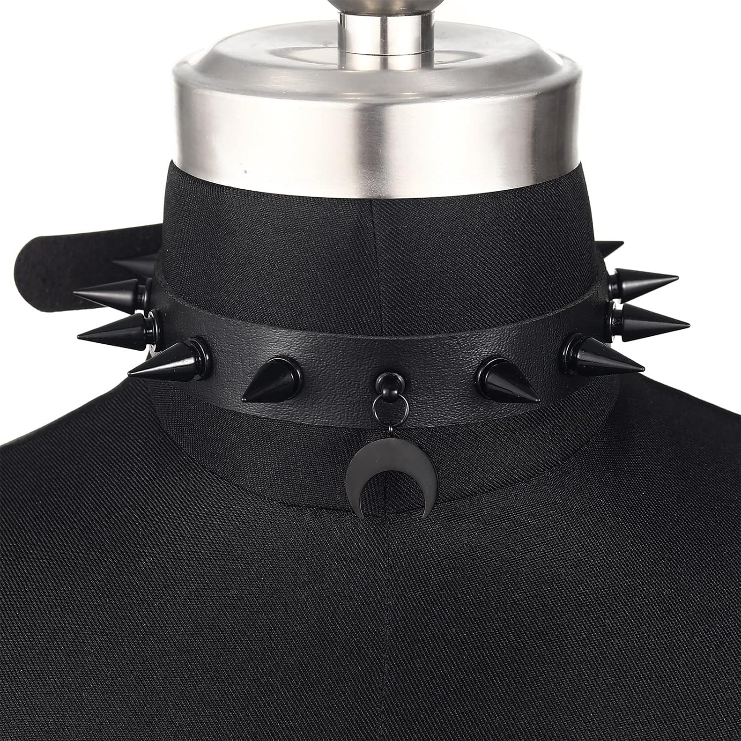Gothic Spiked Choker Necklace Moon Pendant Faux Leather Collar Black Accessories