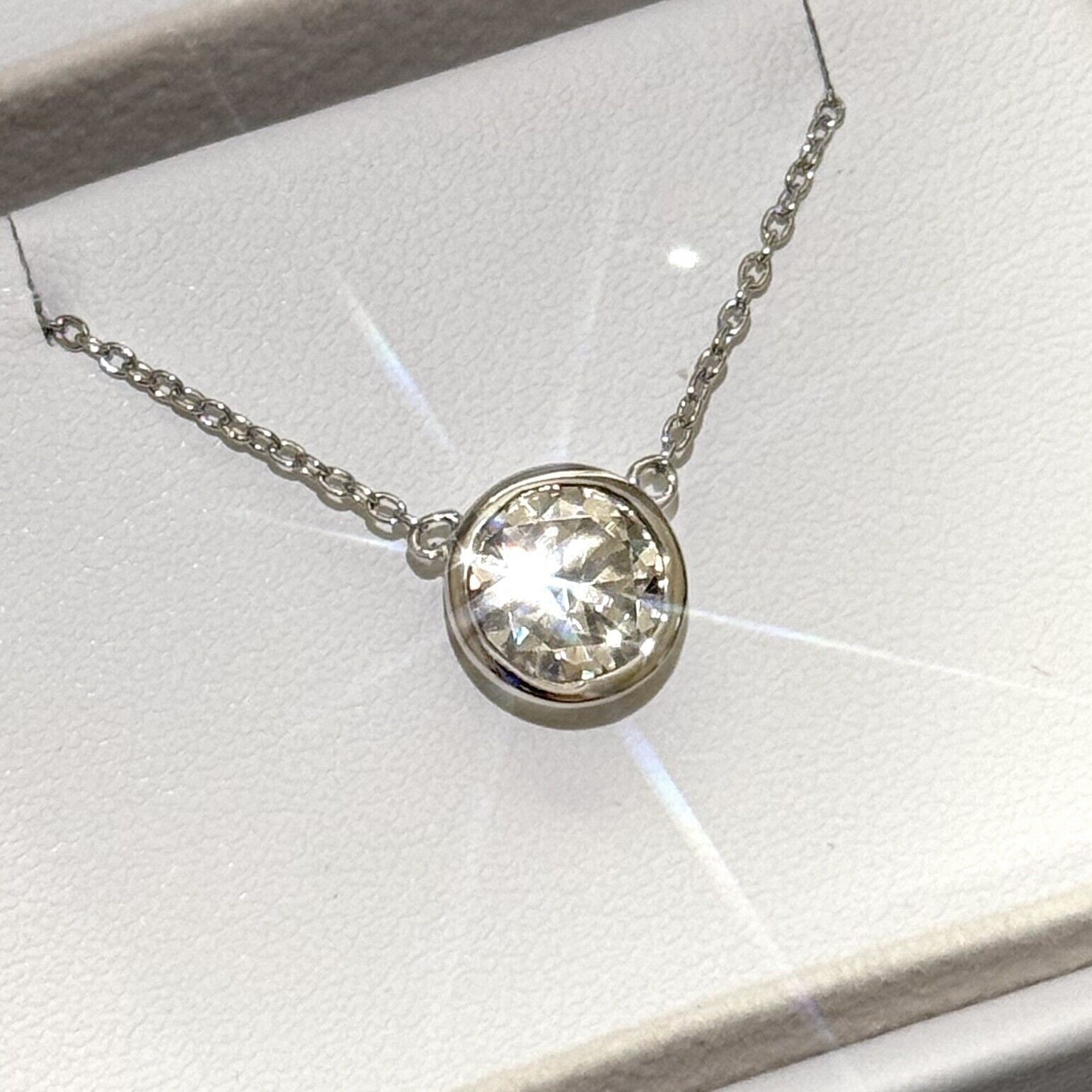 Bezel Set Moissanite Round Solitaire Necklace – 925 Silver or 14k Gold