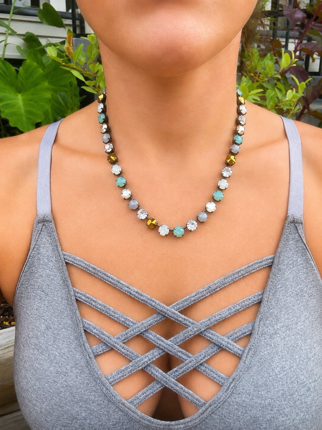 Sabika Classic Turquoise, Pearl, White And Bronze Crystal Tennis Choker Necklace