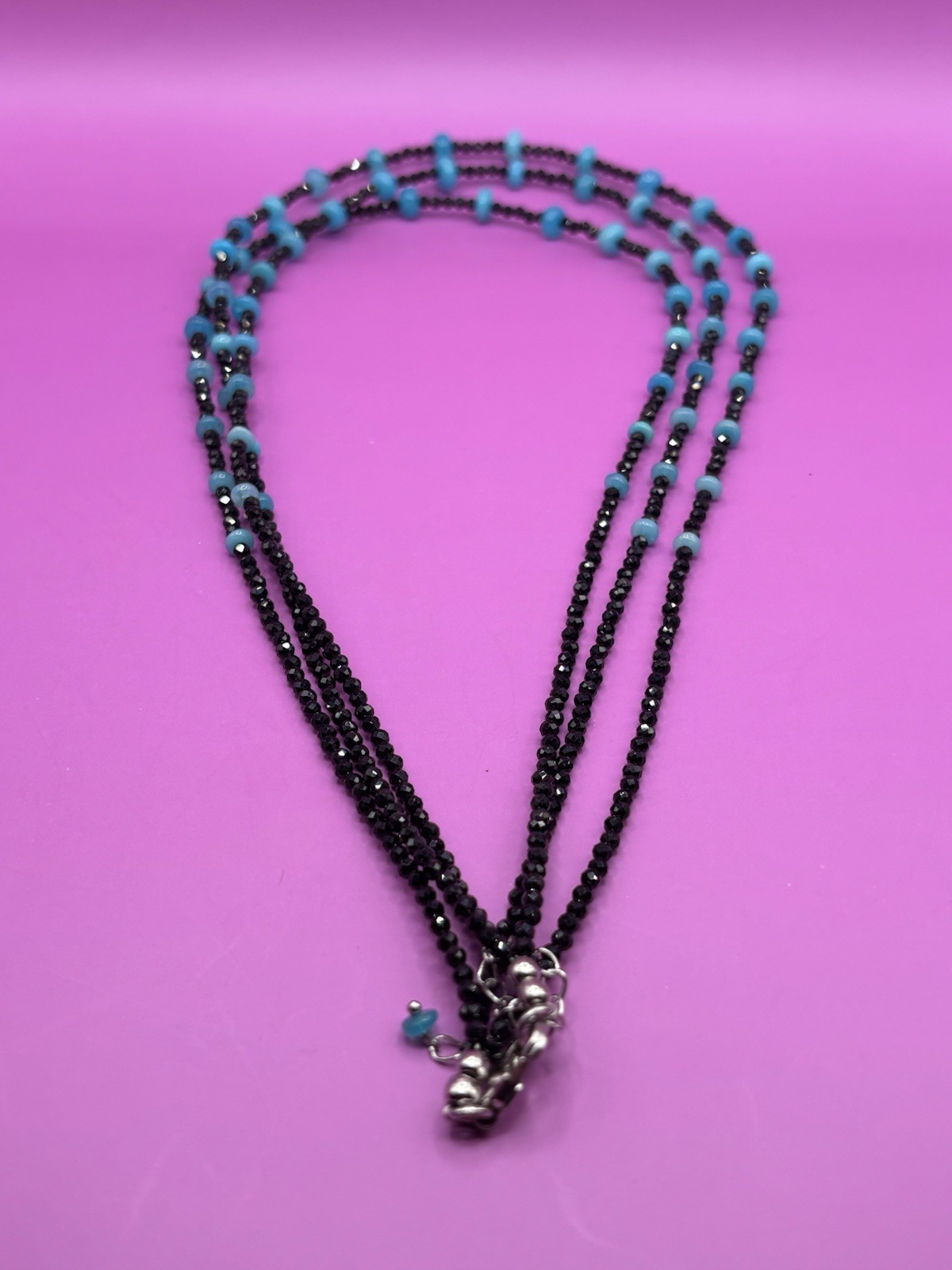 4-7MM Round Paraiba Blue Color Opal w/ 2-2.5MM Black Spinel Necklace
