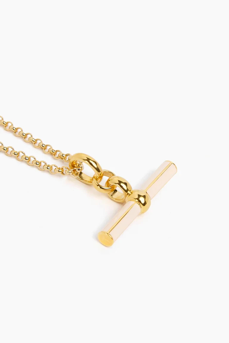 Rolo Chain T Bar Pendant Necklace Brass Metal with cream enamel necklace