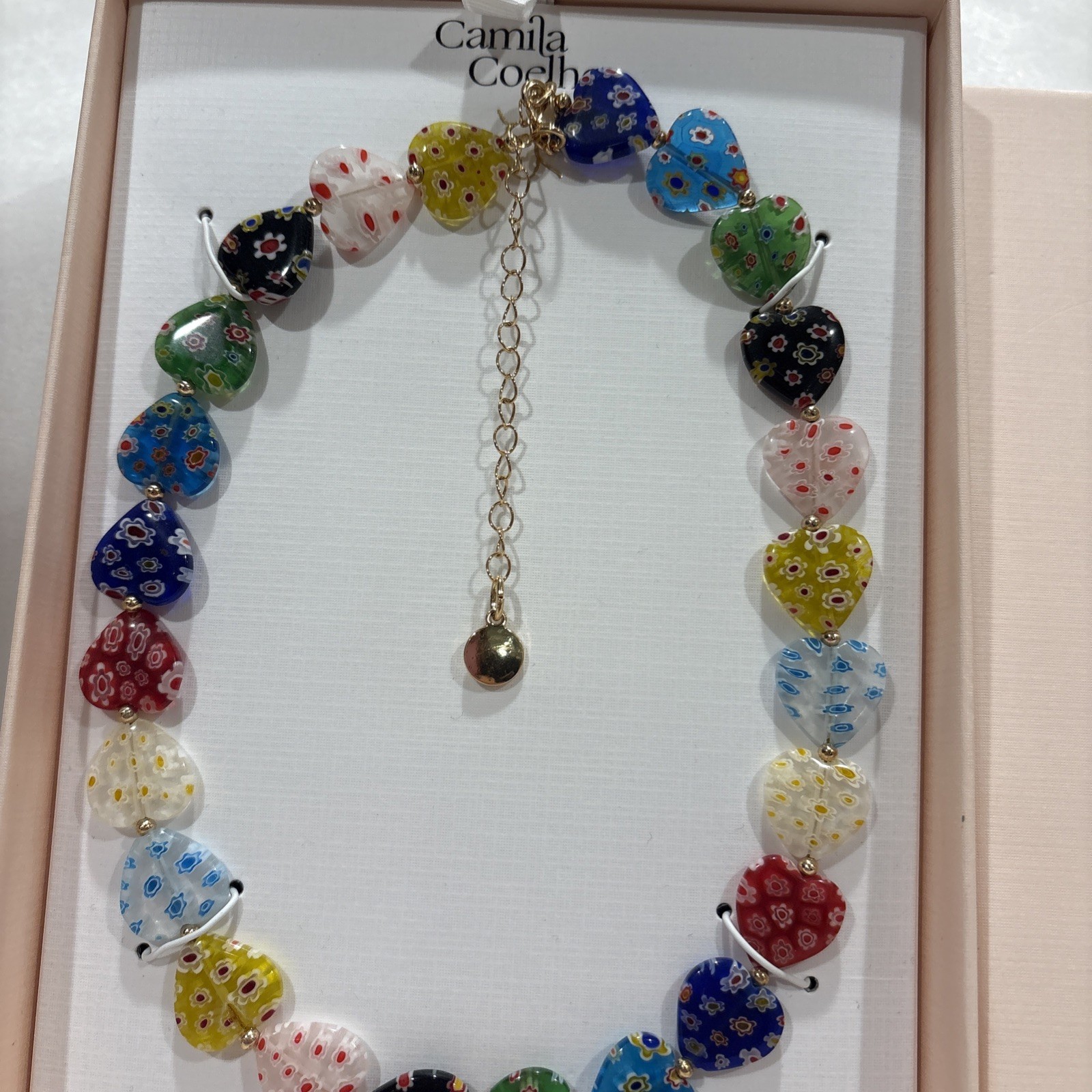 CAMILA COELHO Women Necklace Multicolor Millefiori Beaded Heart Glass 17”