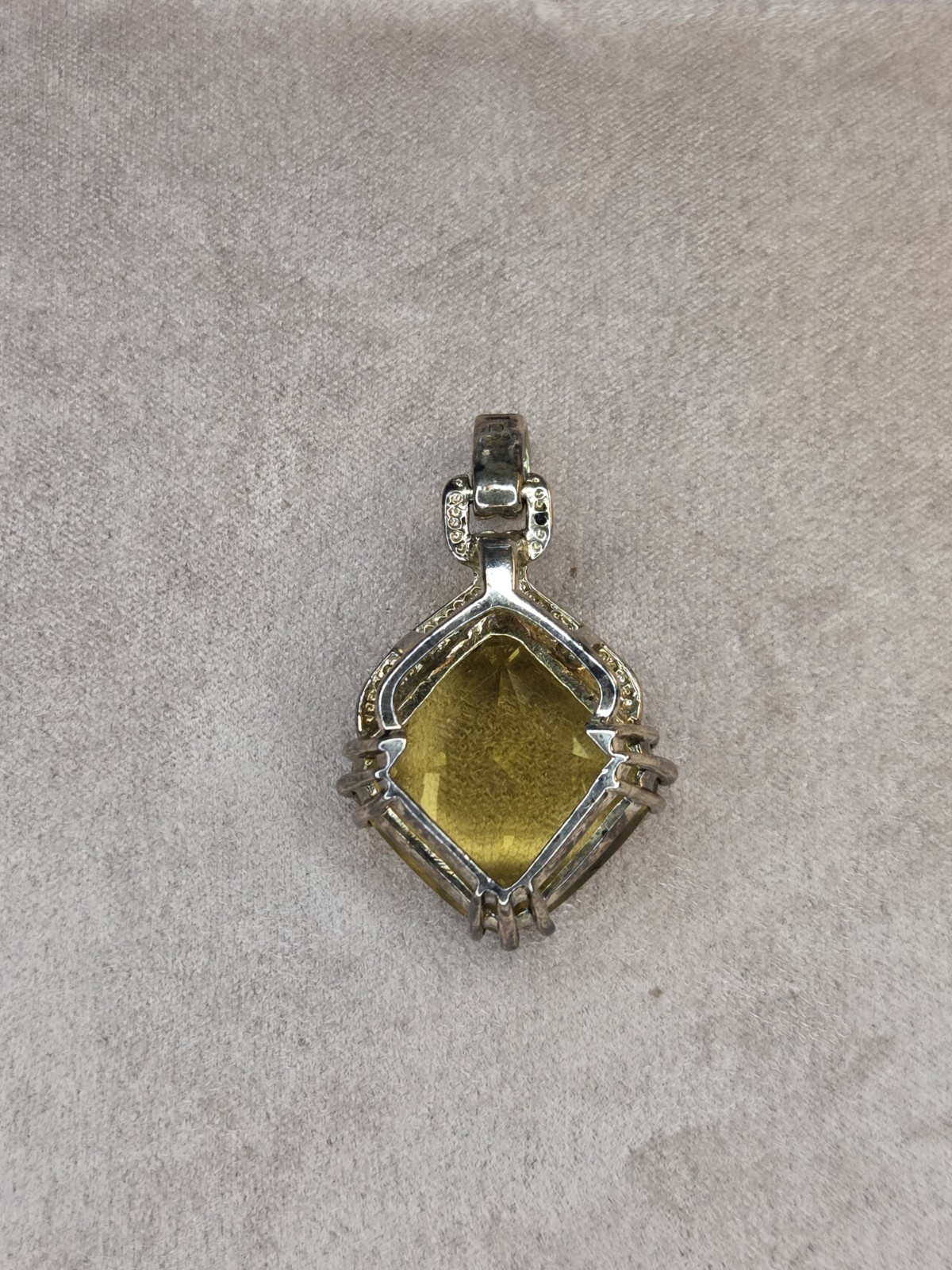 Silver Tone Square Pendant, Green Faceted Stone, Prong Setting