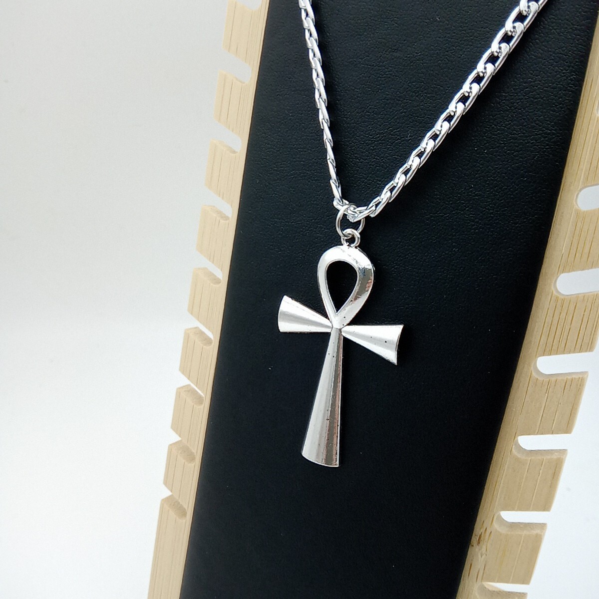 Ankh Necklace Key of Life CROSS Pendant & 24″ Curb Chain Big Vintage silver Tone