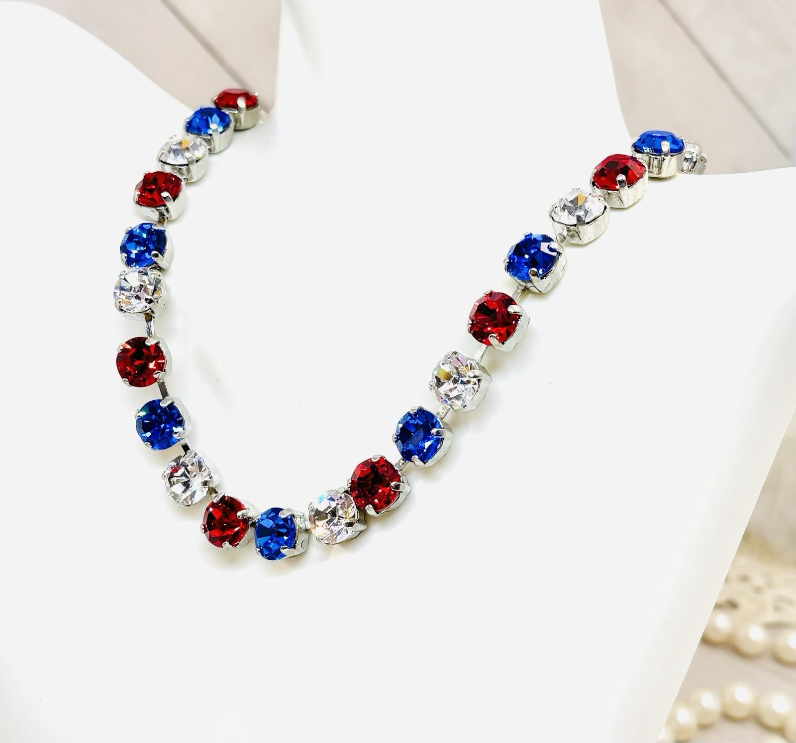 Shiny Silver Plated Patriotic Red, White, and Blue Crystal Cup Chain Necklace