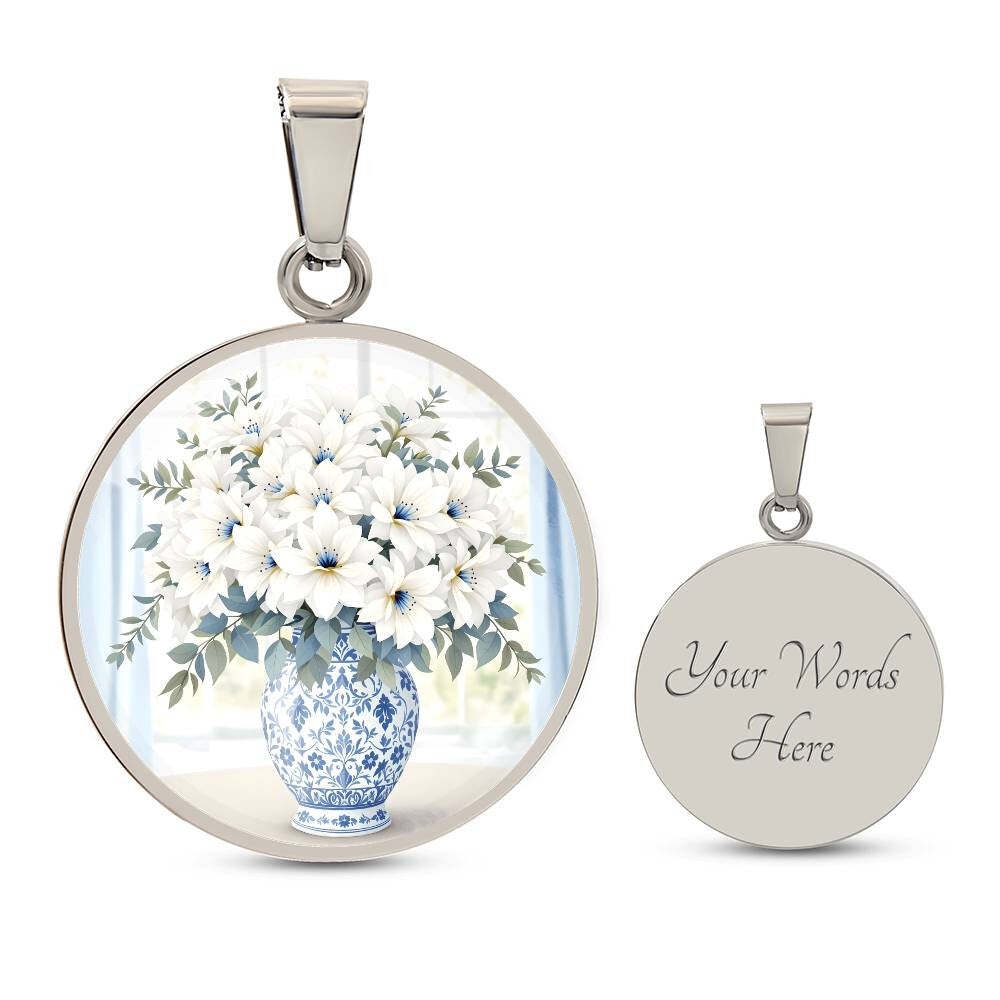 Engraved Floral Pendant Necklace Delft Blue Vase