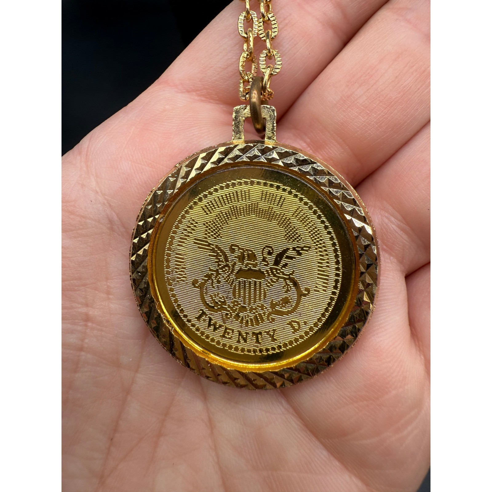 Vintage Gold Tone Liberty Coin Pendant Necklace Statement Jewelry