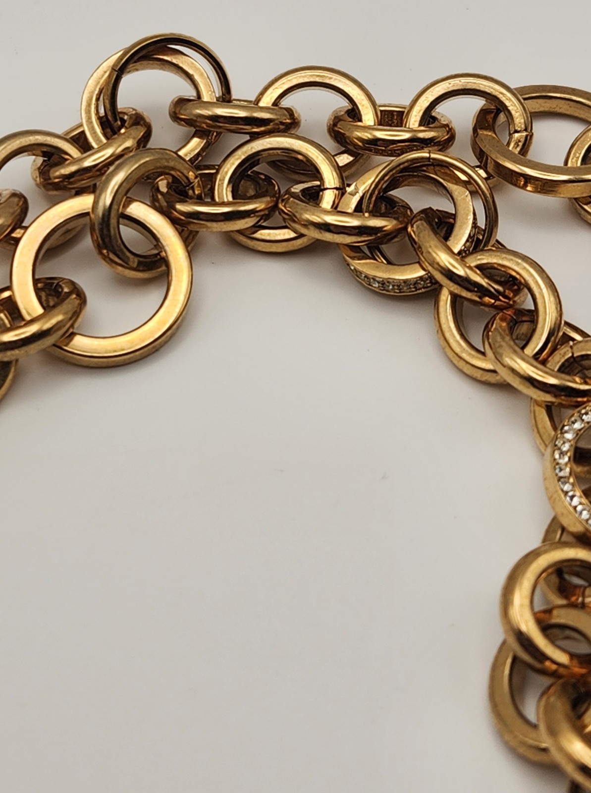 Michael Kors Gold Tone 26″ Rolo Link Necklace Crystal Pave Toggle Statement