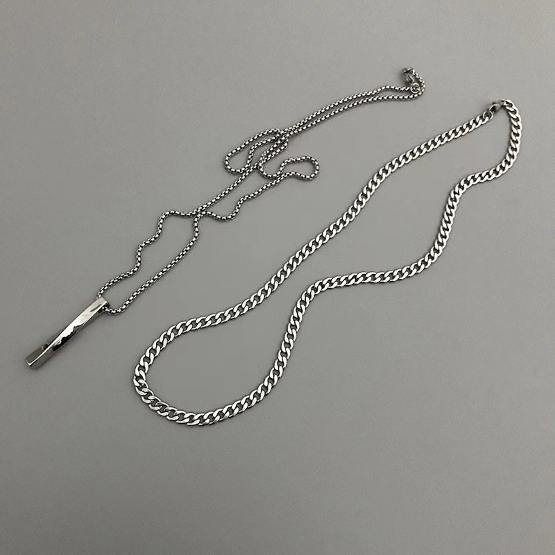 Double Cuban Chain Vertical Bar Pendant Necklace Silver Minimalist Men Jewelry