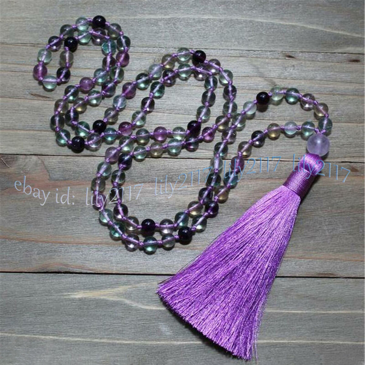 6/8/10mm Natural Rainbow Fluorite Round Gems 108 Prayer Beads Tassel Necklace