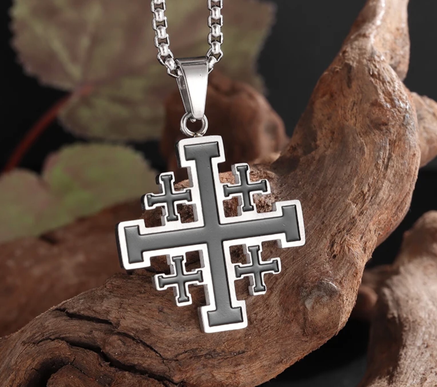 Stainless Steel Jerusalem Cross pendant + 60cm (23.6in) rounded box chain