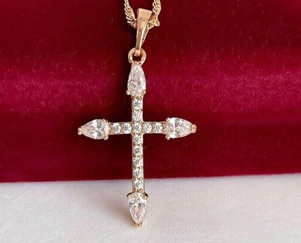 925 Sterling Silver Simulated Diamond Holy Cross Pendant 14K Yellow Gold Plated