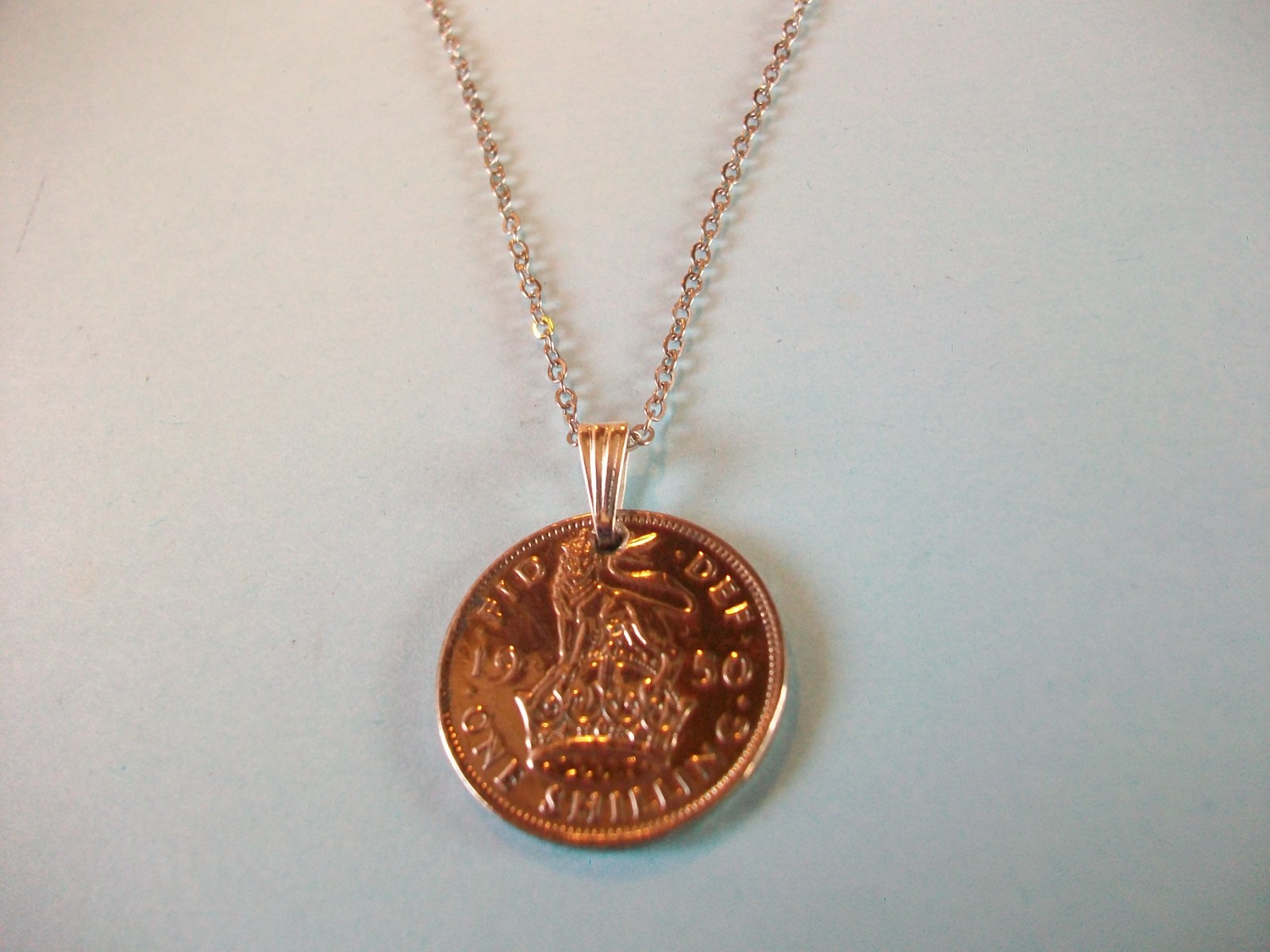 SHILLING COIN – ENGLISH – SILVER FINE LINK CHAIN PENDANT NECKLACE – 1948 to 1951