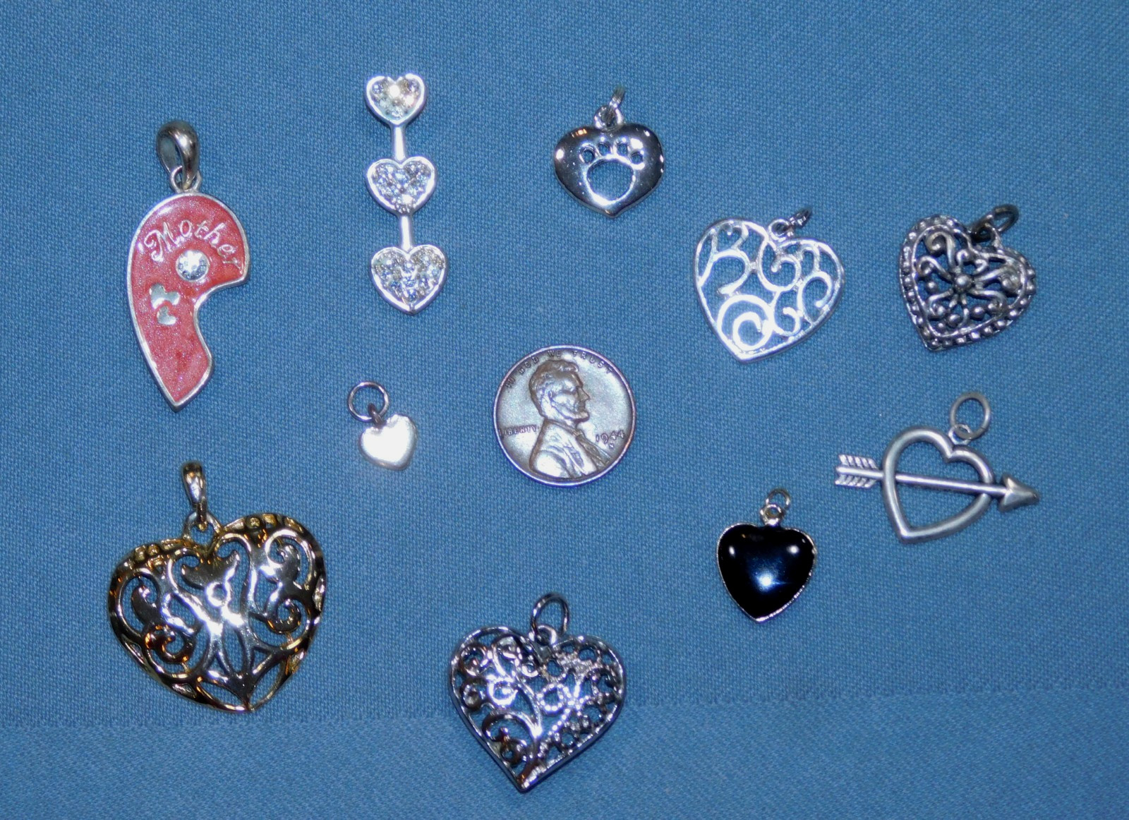 All Hearts Pendants LOT- TEN Pieces Many Styles Sizes Colors Mostly Modern FR SH