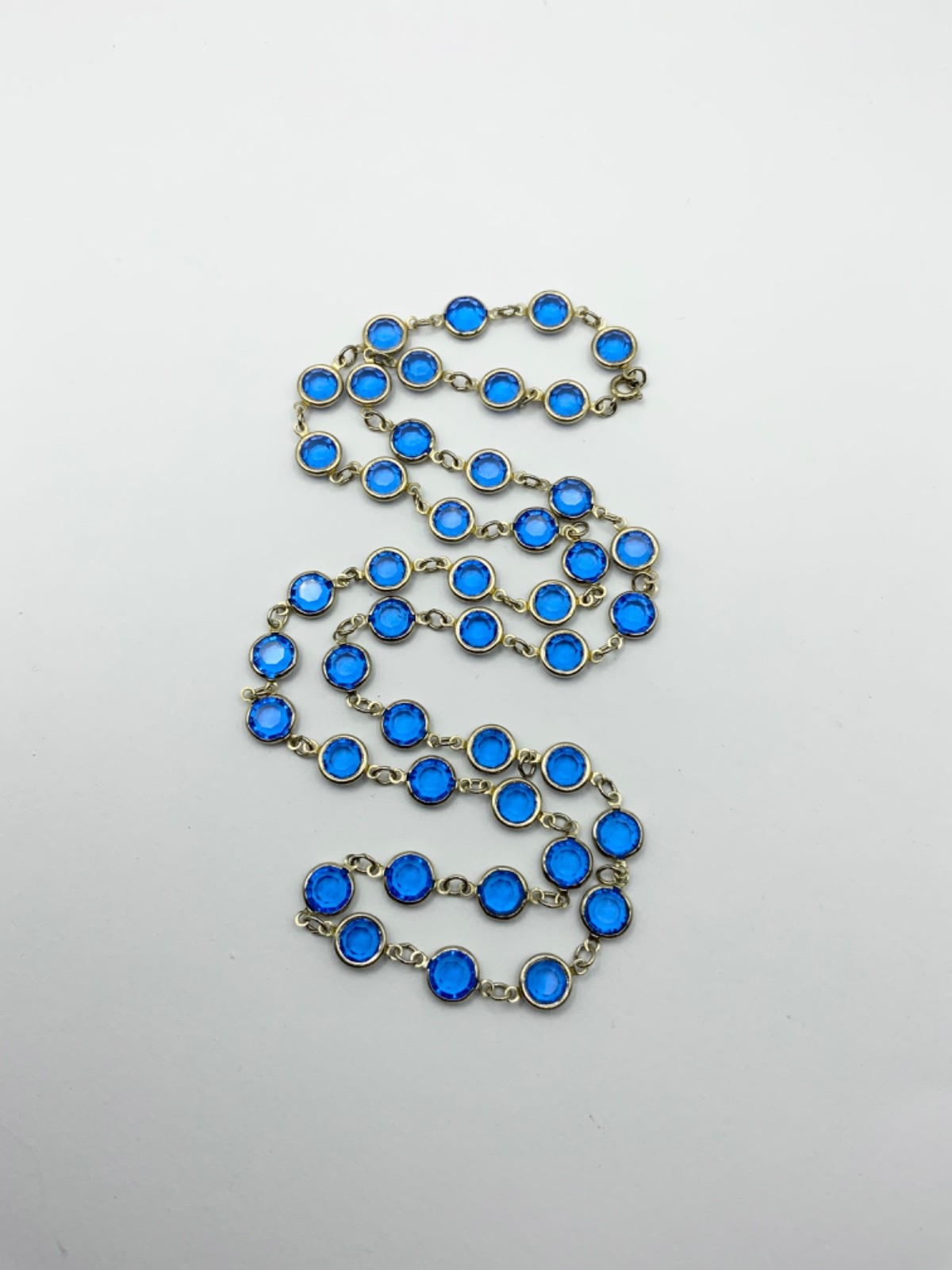 Vintage Blue Bezel Edge Necklace Gold Tone Metal Glass Beads 74cms