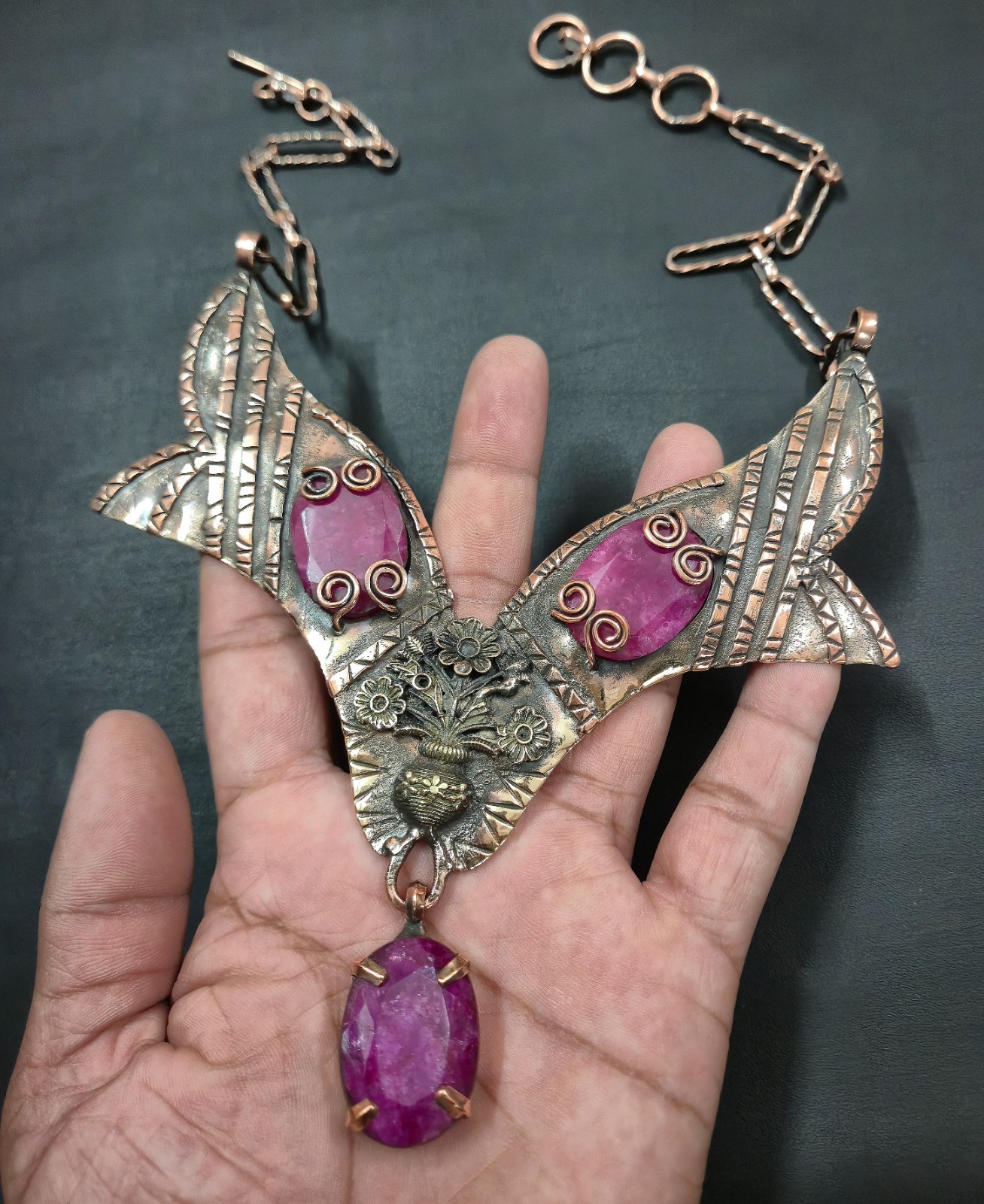 Faceted Kashmir Ruby Gemstone Copper Wire Wrapped Necklace Handmade Gift Jewelry