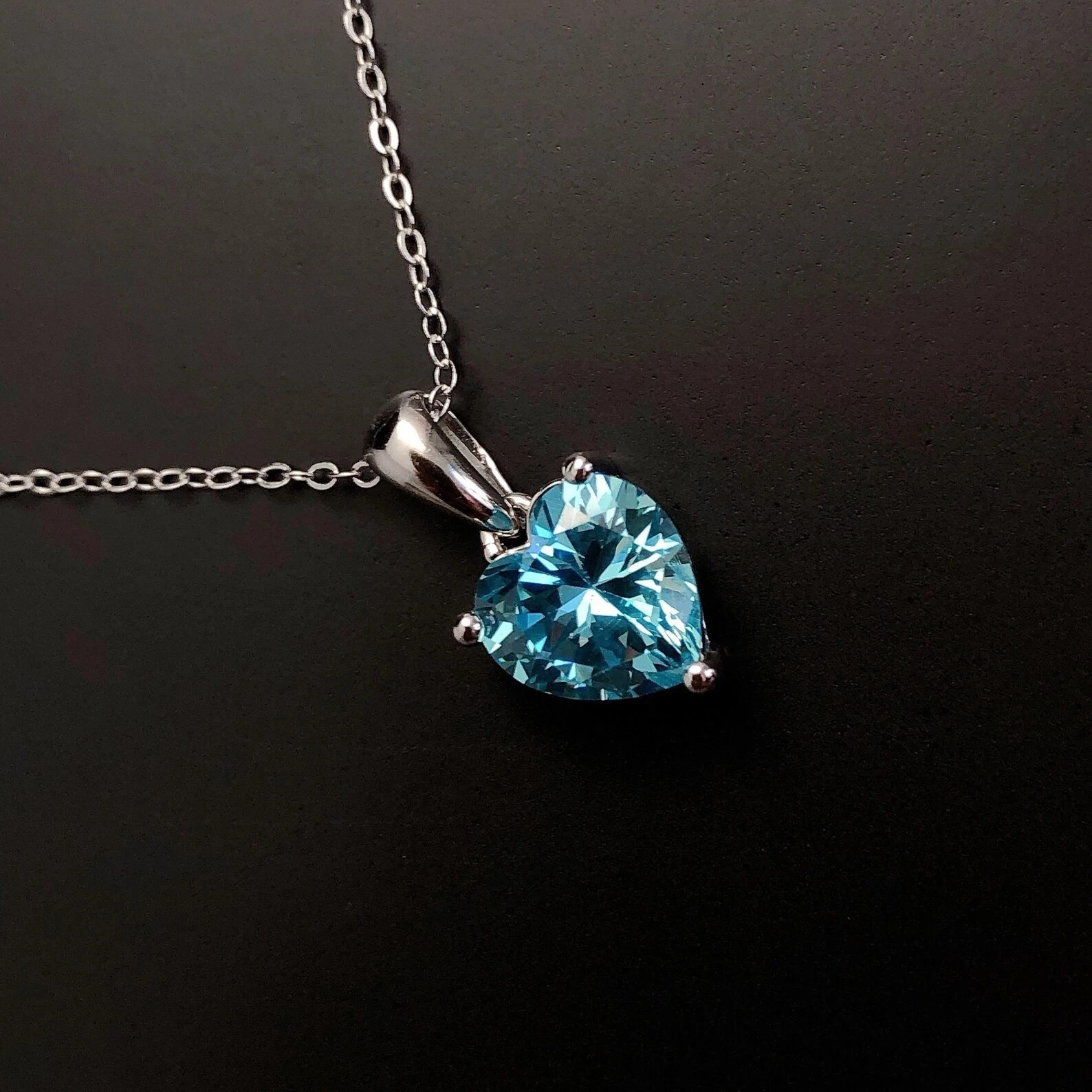 7MM Heart Cut Simulated Blue Topaz Pendant 14K White Gold Plated 925 Silver