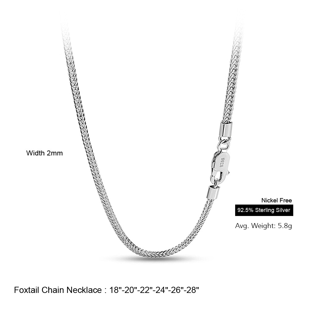 925 Sterling Silver Solid 2mm Foxtail Chain Necklace 18″ to 28″ for Women & Men