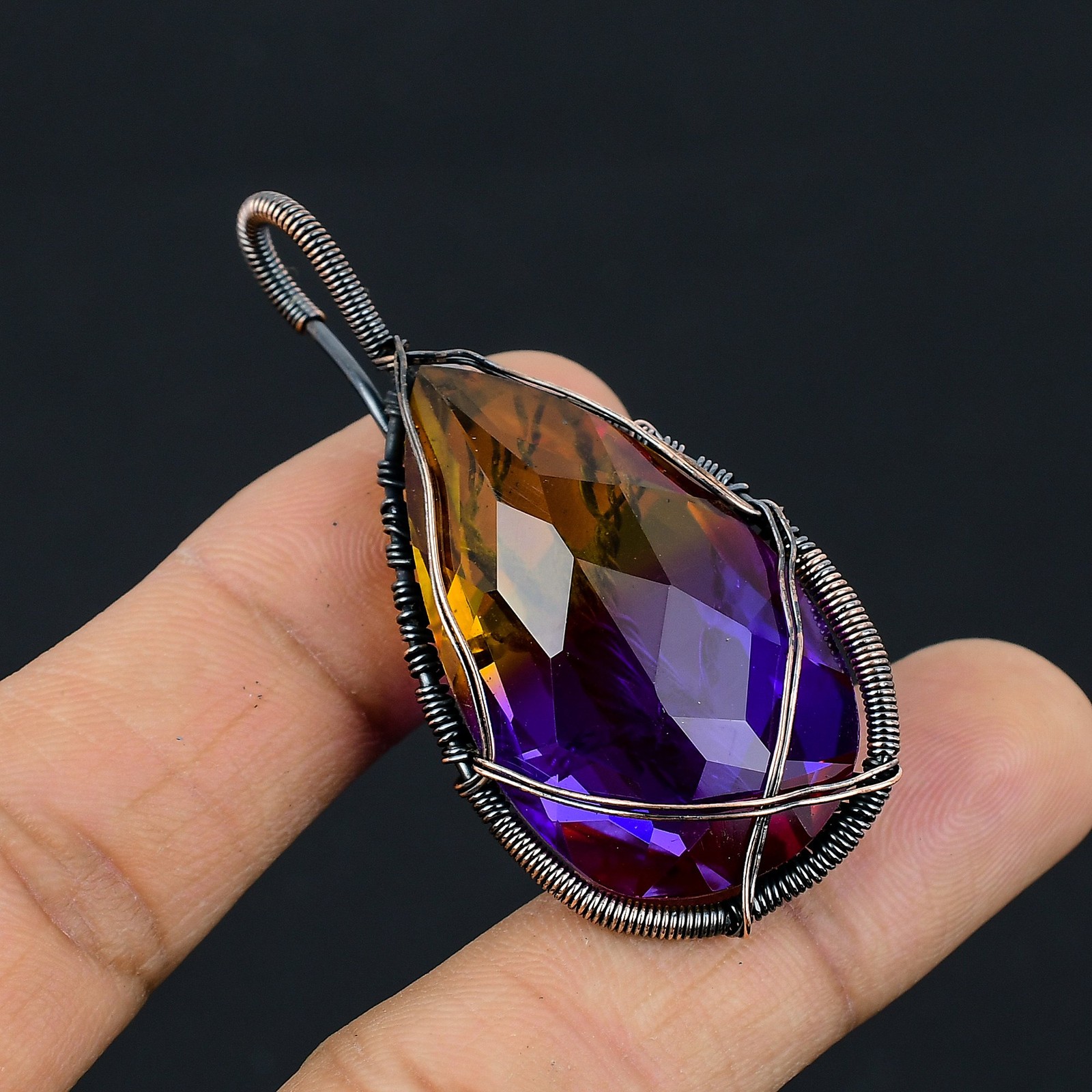 Bi Color Tourmaline Gemstone Copper Wire Wrap Jewely Pendant 2.4″ B427