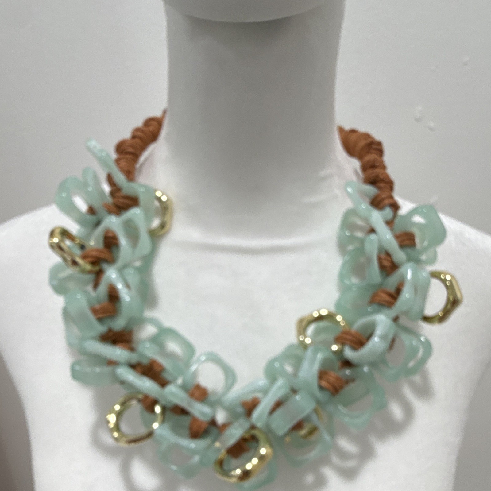 Aqua Acrylic Link Statement Necklace Brown Cord Gold Tone Cable Chain Adjustable
