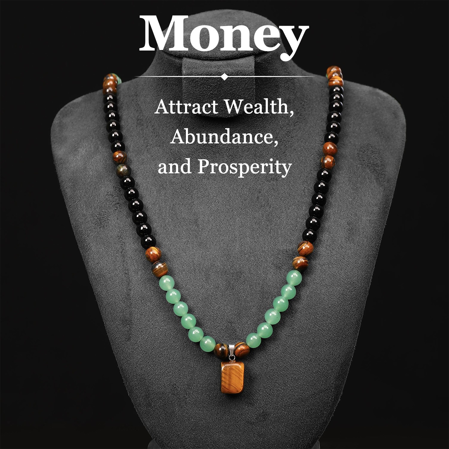 Money Attraction Necklace & Tiger Eye Obsidian Prosperity Crystal Beaded Gifts