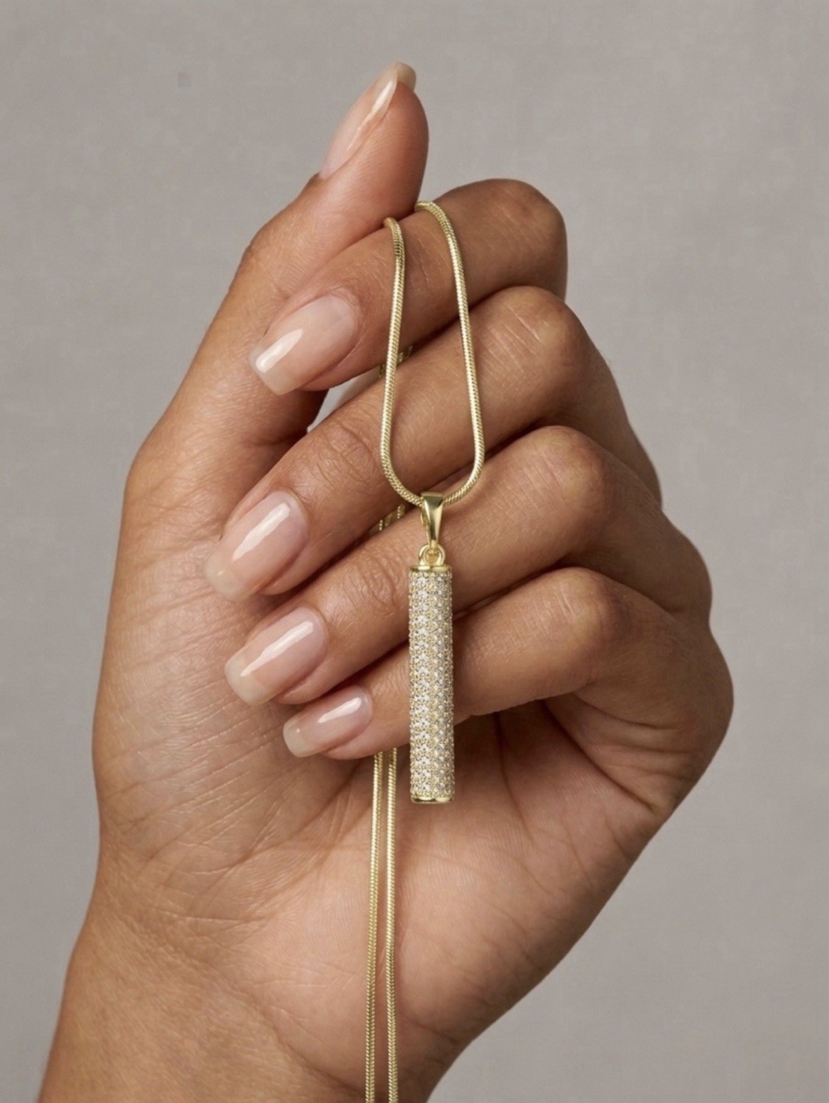 14K Gold Plated Vertical CZ Bar Pendant w/ Snake Chain Necklace | Dainty Jewelry