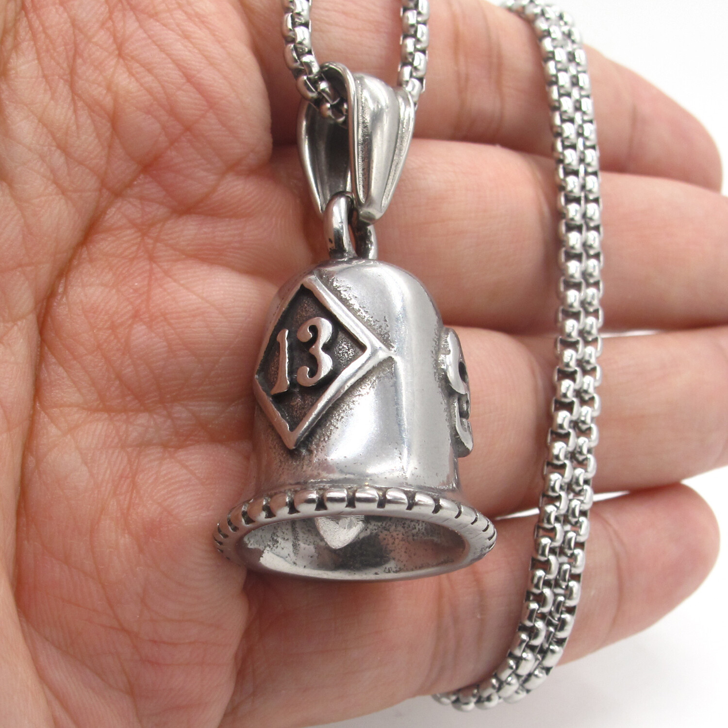 MENDEL Mens Number 13 Biker Skull Guardian Bell Pendant Necklace Stainless Steel