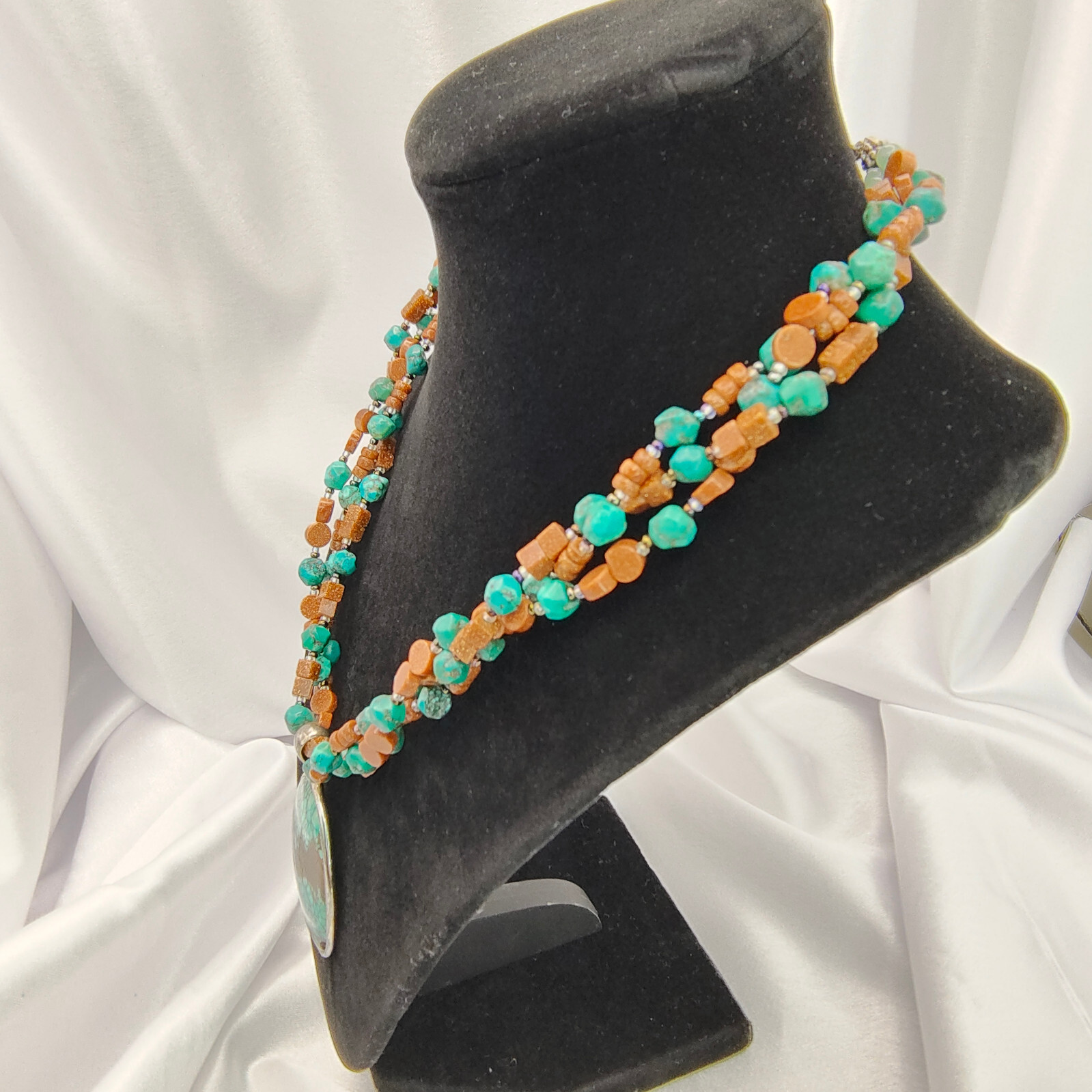 Faux Turquoise Pendant Necklace 925 Sterling Glitter Copper Color Bead Boho