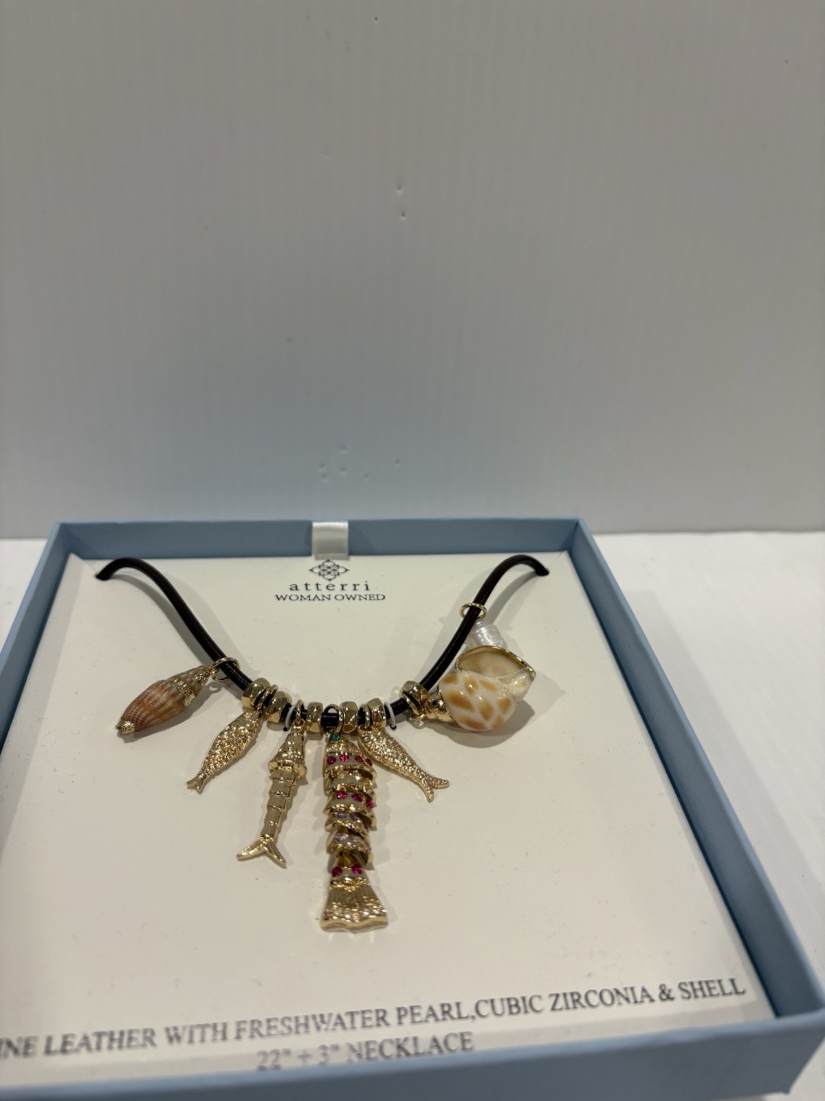 ATTERRI CHARM NECKLACE GENUINE LEATHER W FRESH WATER PEARL CUBIC ZIRCONIA &SHELL