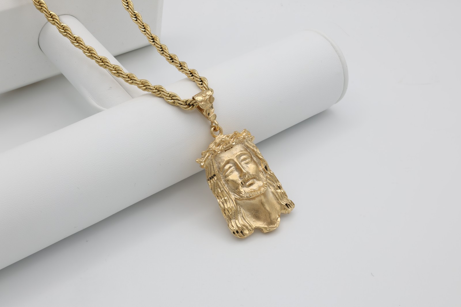 Large Jesus Pendant Necklace, 5mm French Rope Chain, 14k Heavy Gold Plated