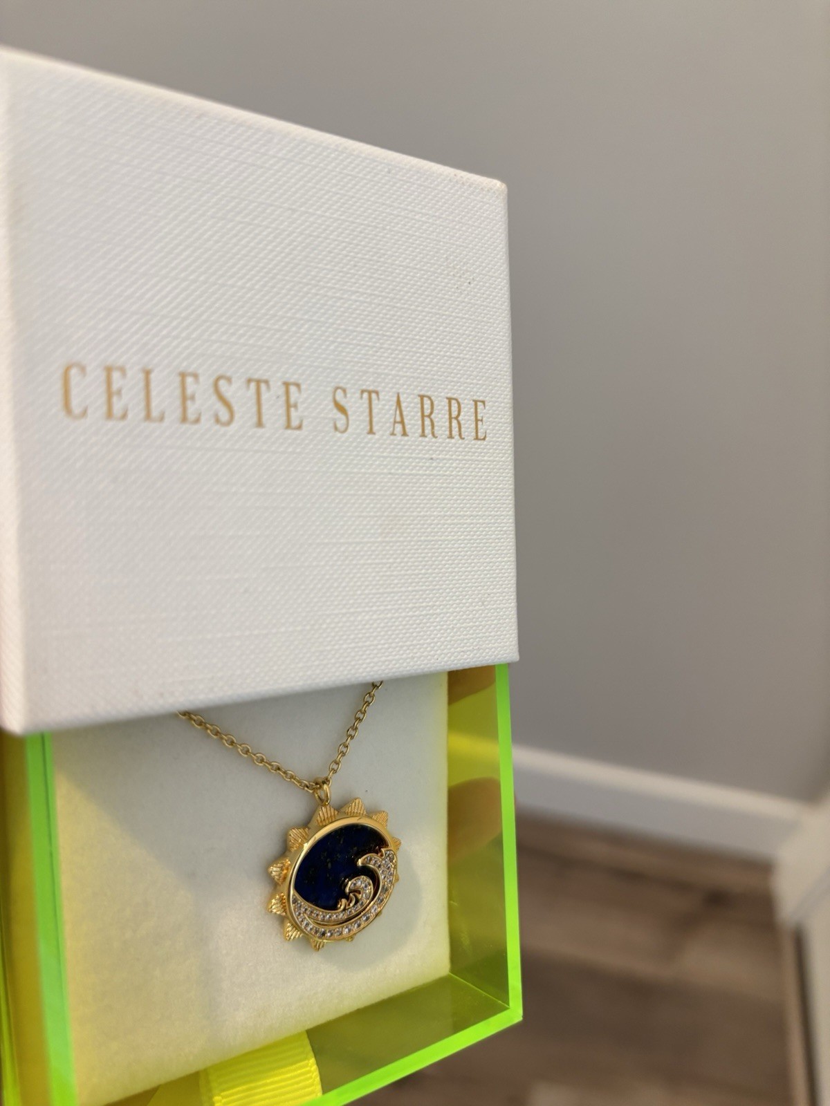 Celeste Starre Perfect Wave Necklace Lapis Lazuli Sun Cubic Zirconia Gold Plated