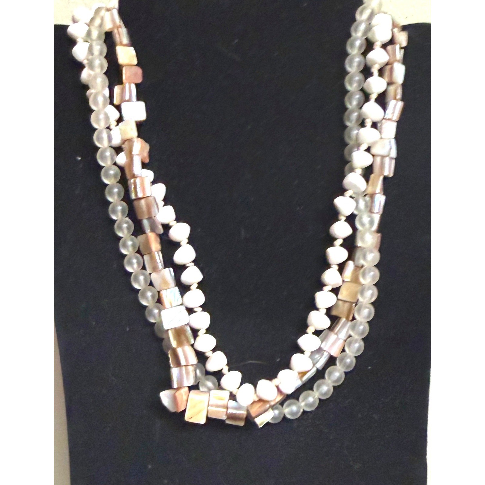 Multi Strand Mother of Pearl Shell and Frosted Bead Layered Necklace Boho