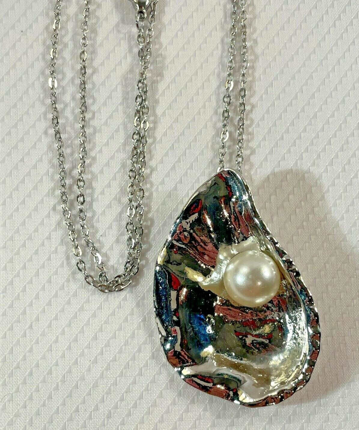 Oyster Shell Silver Necklace 30″ Stainless Chain Sea Coastal Jewelry NEW