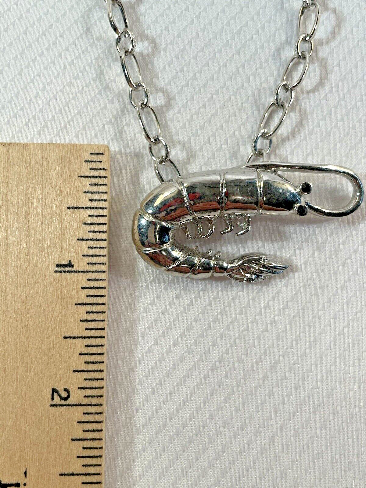 Shrimp Silver Long Necklace Stainless 30” Chain Coastal Sea Life Jewelry NEW
