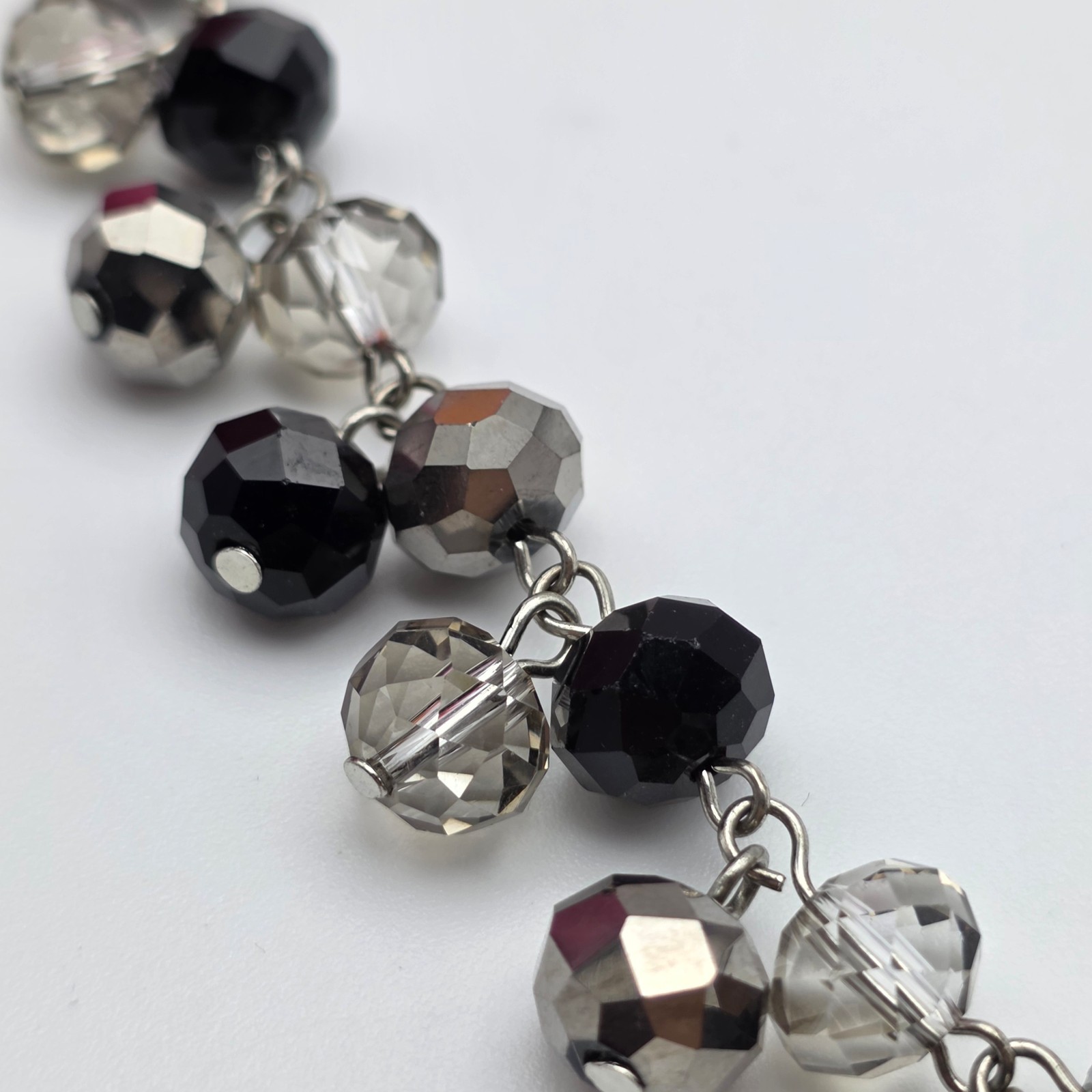 Black Clear Silver Faceted Crystal Bead Cluster Fringe Necklace 21 In