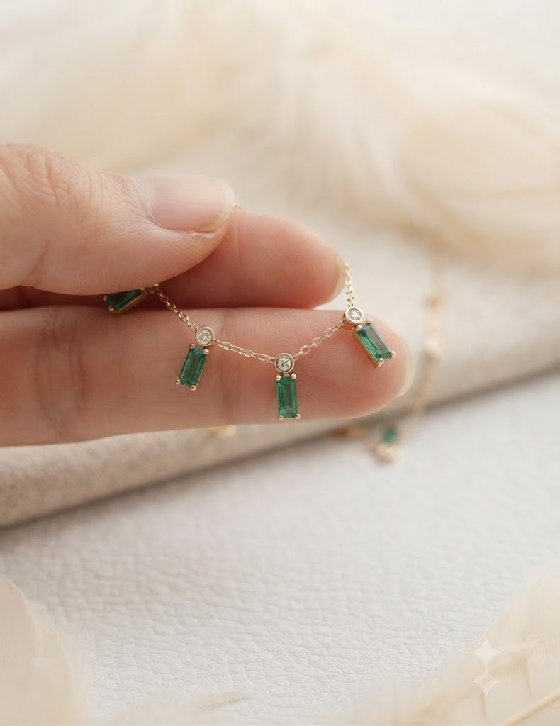 Emerald Baguette Cut Necklace For Women 925 Sterling Silver Gold Chain Jewelry
